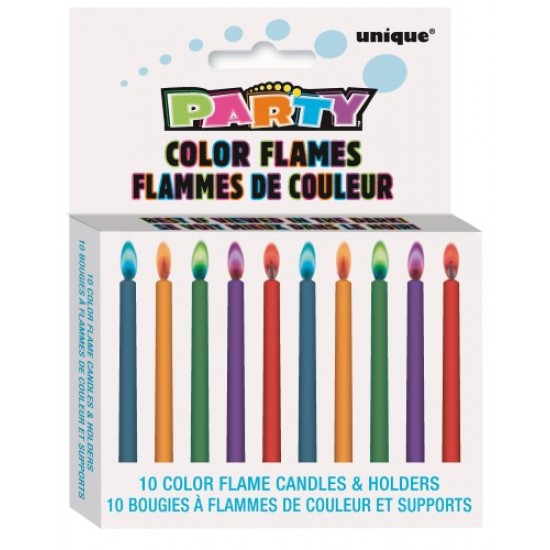 10 COLOUR FLAME CANDLES W/HLDS