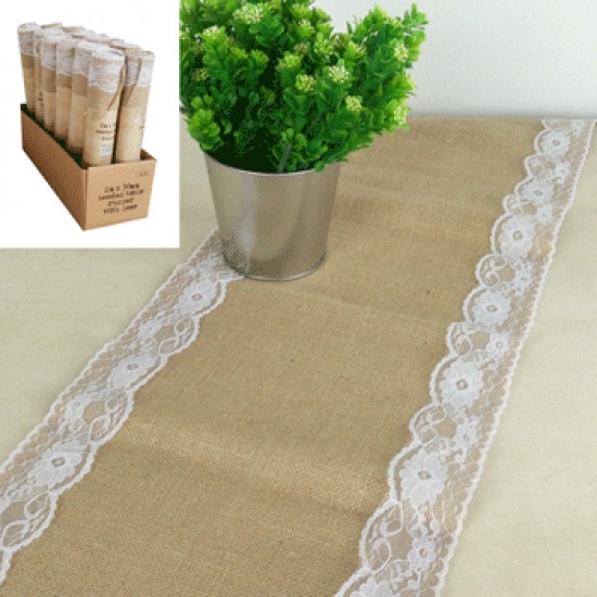 **30cm x 2m Hessian Table Runner with Lace