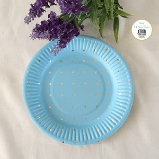 **12PK 18CM BLUE DOTTY PAPER PLATE WITH GOLD FOILED