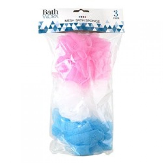Sponge Bath Mesh Pk3 Asstd Cols Pink Blue White