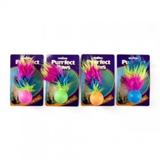 Cat Toy TPR Ball w Feather Tail & Bell 4 Asstd Colours