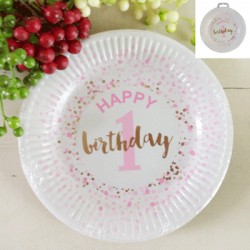 12pk 18cm 1st Birthday Paper Plates in Foiled Pink